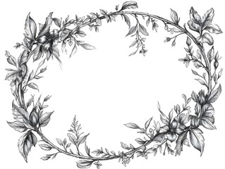 Wall Mural - Elegant Oval Floral Frame with Classic Line Art Botanical Detailing on Plain White Background