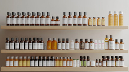 A shelf full of bottles with a variety of colors and sizes. The bottles are arranged in rows, with some bottles on the top shelf and others on the bottom shelf. The shelf is made of wood