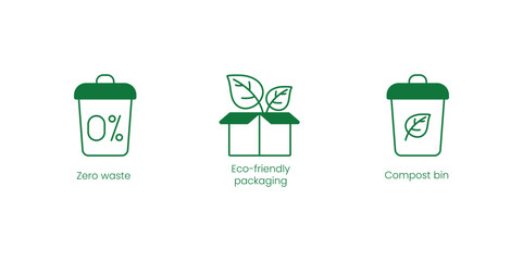 Wall Mural - Zero Waste, Eco-Friendly Packaging, Compost Bin Vector Icons for Sustainable Living