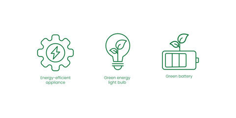 Sticker - Energy Efficient Appliance, Green Energy Light Bulb, Green Battery Vector Icons