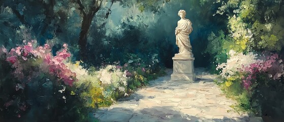 Classic Greek garden scene with a statue in oil painting