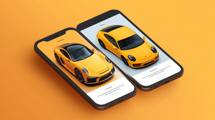 Three cell phones are displayed with the screens showing car advertisements. The phones are arranged in a row, with the pink phone on the left, the red phone in the middle