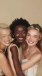 © liliyabatyrova - Three models with different backgrounds showcase their vibrant smiles while embracing each other, radiating happiness in a tailored wellness-themed setting