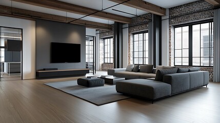 Wall Mural - Urban loft with eclectic architectural elements and furniture, incorporating various shades and industrial textures, copy space for text,