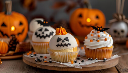 Delicious Halloween themed desserts on wooden table