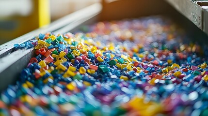Poster - recycled plastic pellets in production sustainable manufacturing process where recycled plastic is p