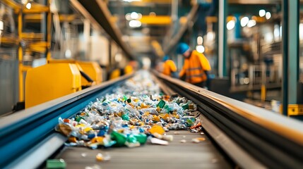 Poster - sustainable recycling plant conveyor belt sorting and processing plastics metals and paper with work