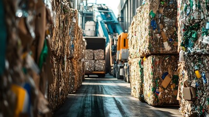 Poster - photograph showcasing the and transport of recycled materials such as cardboard and plastics bales o