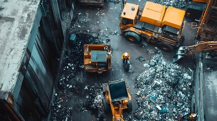 Poster - workers operating heavy machinery and equipment in a recycling plant sorting and processing differen