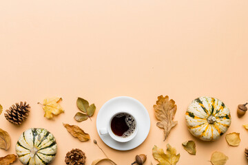 Wall Mural - flat lay composition with colorful autumn cup of coffee and leaves on a color background. top view