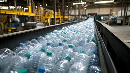 Poster - plastic bottles being sorted and moved along a conveyor belt in a recycling facility showcasing the 