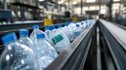 Poster - plastic bottles being sorted and moved along a conveyor belt in a recycling facility showcasing the 
