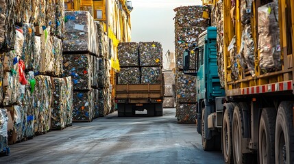 Poster - bales of sorted recyclable cardboard plastics and other materials being loaded onto trucks for susta