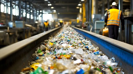 Wall Mural - Conveyor Belt in a Recycling Plant Sorting Through Plastics Metals and Paper Waste for Sustainable Processing and Reuse