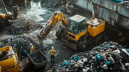 Poster - dedicated employees working diligently at a recycling plant operating heavy machinery to sort proces