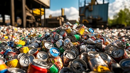 Poster - a pile of crushed and flattened aluminum cans ready to be processed and recycled with industrial mac