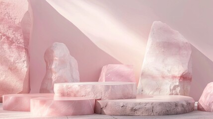 1. Abstract pastel pink color geometric stone and rock shapes, minimalist mockup background with smooth textures and organic forms, ideal for podium display or product showcase, 3d rendering