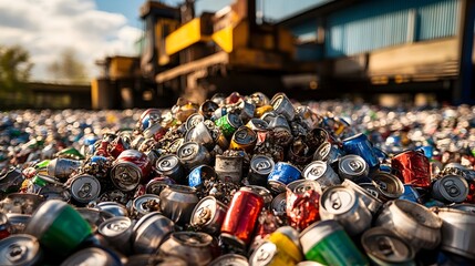 Poster - a pile of crushed aluminum cans ready to be processed at a recycling facility with industrial machin