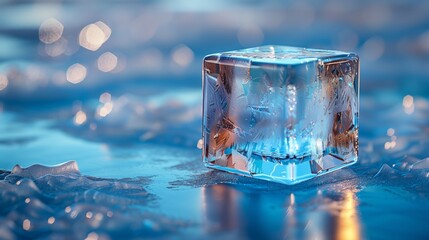 Poster - Single, Sparkling Ice Cube on a Blue Surface Reflecting Light in a Close-Up View