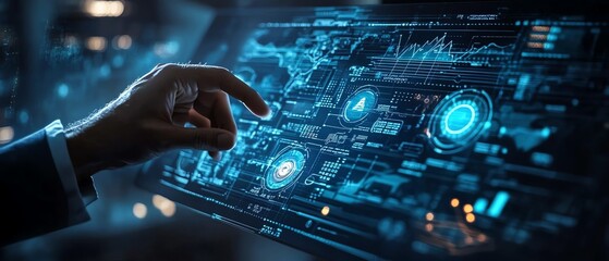 Poster - Project management strategy with businessman interacting with virtual screen icon, ensuring successful project implementation
