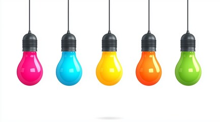 A row of colorful light bulbs hanging from a wire. The bulbs are of different colors, including pink, yellow, green, and orange. Concept of creativity and inspiration