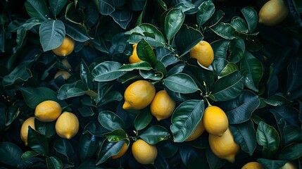 Wall Mural - Gorgeous citrus garden with clusters of mature juicy yellow lemons and lush foliage