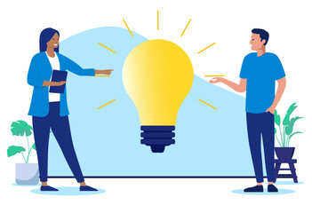 Work idea - Two people at work coming up with big great idea looking at light bulb smiling together. Creativity and innovation in business concept in flat design vector illustration