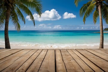 Wall Mural - Seaside summer beach view clear blue sky and water with tropical trees theme, plank table close-up in foreground with space for showing products or advertise, summertime waves with white clouds in sky