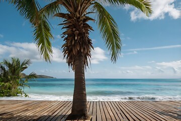 Wall Mural - Seaside summer beach view clear blue sky and water with tropical trees theme, plank table close-up in foreground with space for showing products or advertise, summertime waves with white clouds in sky