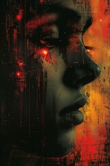 Poster - A Close-Up Portrait of a Woman's Face With Abstract Digital Art Elements