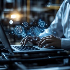 Poster - Efficiency improvement concept, businessman with laptop and productivity icon, streamlining industrial management and process optimization