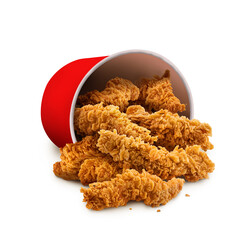 Fried Chicken hot crispy strips crunchy pieces of tenders in a Bucket - large Red box isolated in white background	