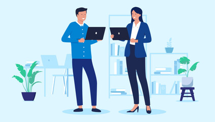 Fototapete - Smiling man and woman with laptops - Two businesspeople characters at work in office standing holding computers. Flat design vector illustration with blue background