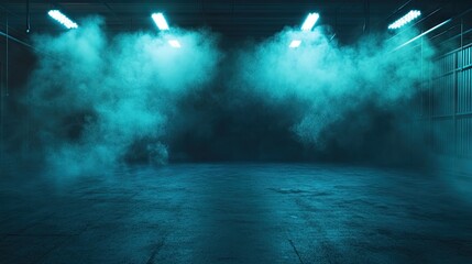 Wall Mural - Dark empty room with concrete floor, neon lights and smoke. Abstract background