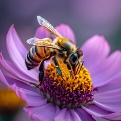 Wall Mural - Honey Bee Collecting Nectar from Vibrant Flower with Detailed Wings and Petals