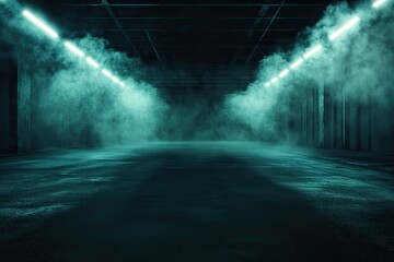 Wall Mural - Dark empty room with concrete floor, neon lights and smoke. Abstract background