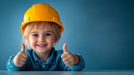 Happy Little Girl Construction Worker Wearing Hard Hat and Giving Thumbs Up