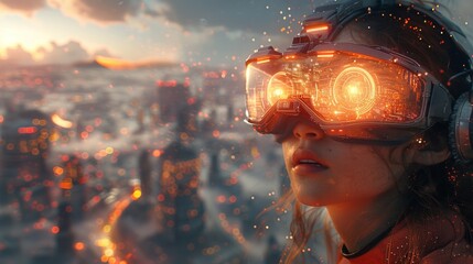 Poster - Develop an imaginative concept illustrating the integration of VR goggles, AI animations, and spinning holograms in architecture and urban planning.