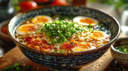 Wall Mural - Get up close and personal with a bowl of traditional Japanese ramen, capturing the rich broth, tender noodles, and flavorful