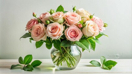 A delicate bouquet of fresh green leaves and velvety pink roses in a clear glass vase against a soft, creamy white background.