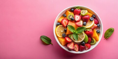 Fresh fruit salad in bowl on pink background, top view photography for a healthy diet concept , fruit salad, bowl