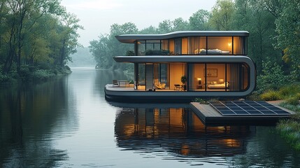 A modern houseboat covered in solar panels, floating down a serene river surrounded by trees.