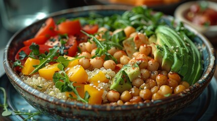 Poster - Capture the simplicity of a solo diner enjoying a nourishing vegan bowl at a cozy cafe, filled with quinoa, roasted