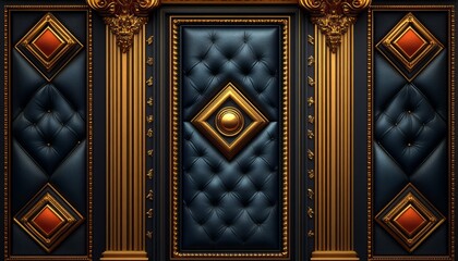 Poster - Black and Gold Ornate Wall Panel with Leather Upholstery