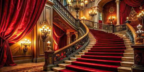 rich scarlet velvet drapes cascading down ornate baroque staircase opulent gold accents warm candlelight ambiance evoking luxury and grandeur