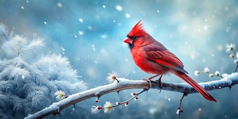 scarlet cardinal perched on snow-covered branch in misty winter forest soft feathers ruffled by gentle breeze against muted moody blues and greys