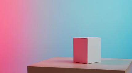 Wall Mural - A simple white cube is placed on a wooden table, contrasting with the soft pink and blue gradient background, creating a calm and modern aesthetic, copy space