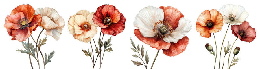 Watercolor illustration of poppies in soft shades of red, orange, and white, with delicate green stems and leaves Watercolor collection hand drawn Botanical transparent background isolated PNG