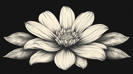 Wall Mural - flower sketch with beautiful petals in the middle with leaves on each side isolated on a black background, black and white illustration design material for decoration