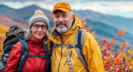 Senior couple hike. Two old happy people walk. Autumn nature with mature woman and man hiking together. Healthy active family lifestyle. Sport travel in autumn mountain landscape. Outside adventure